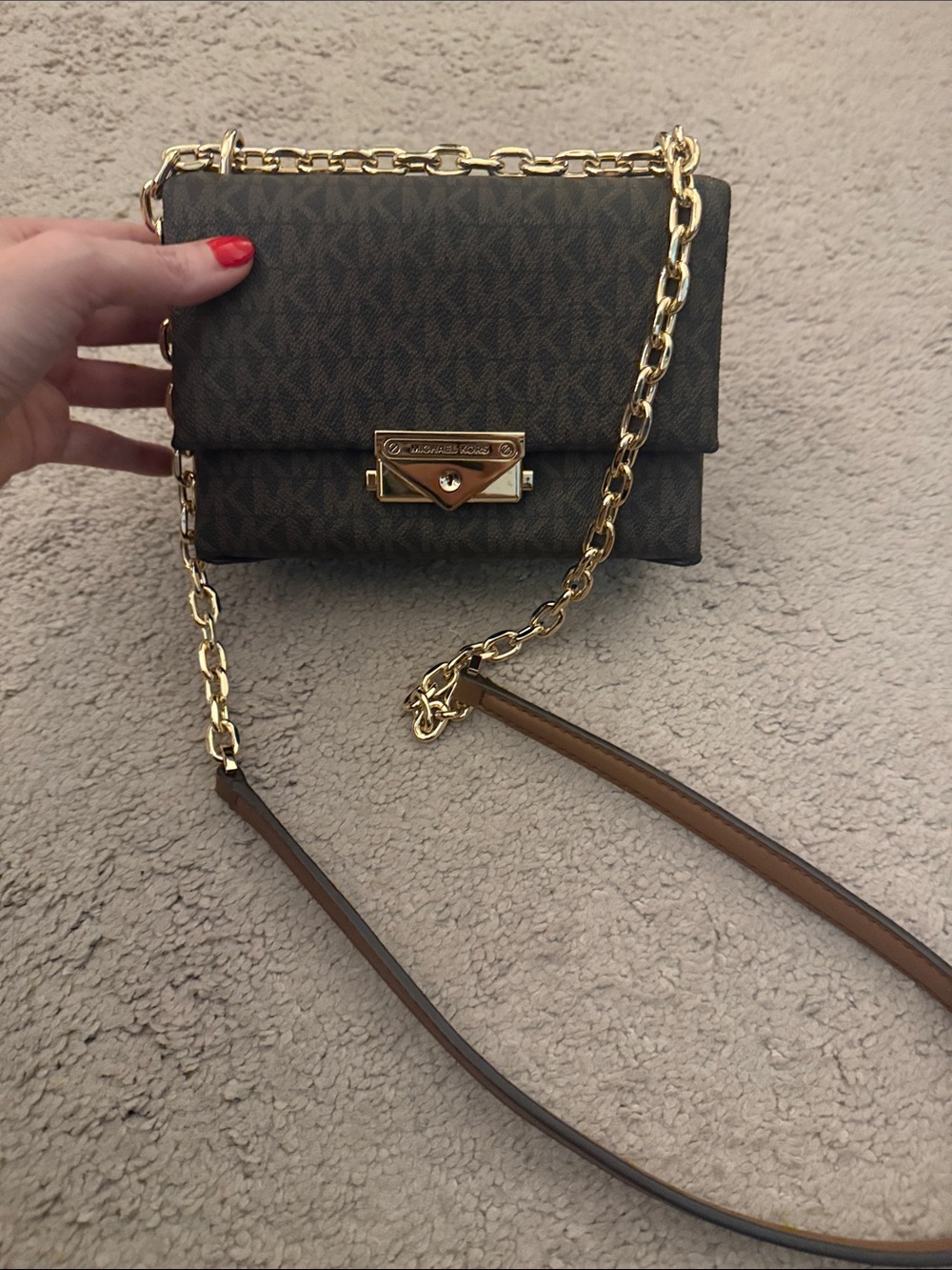 Michael Kors Brown MK Logo Crossbody with Gold Chain